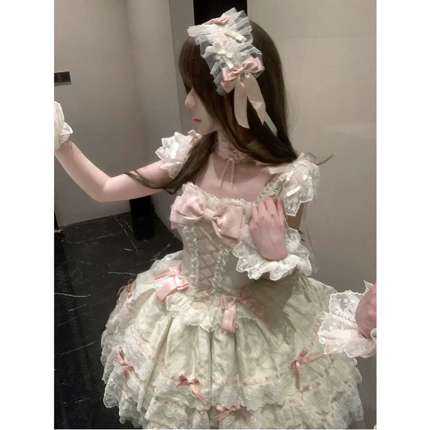 Creamy - Flower Bride - Apricot JSK dress with layered lace ruffles and bows