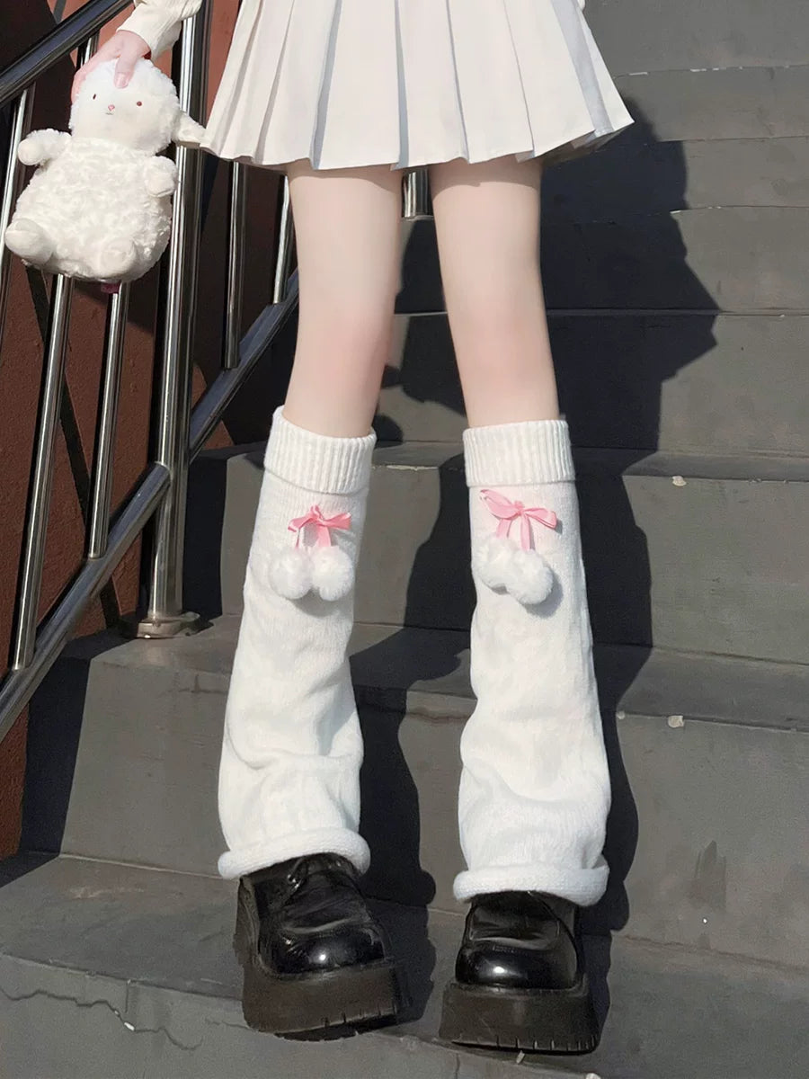 Floral Milk Cat - Pom-Pom Slouch - Socks with Long Knit Leg Warmers and Pom-Pom Accents