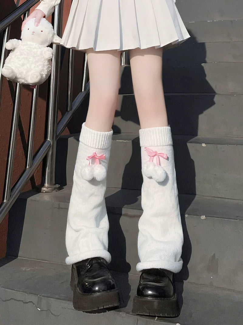 Floral Milk Cat - Pom-Pom Slouch - Socks with Long Knit Leg Warmers and Pom-Pom Accents