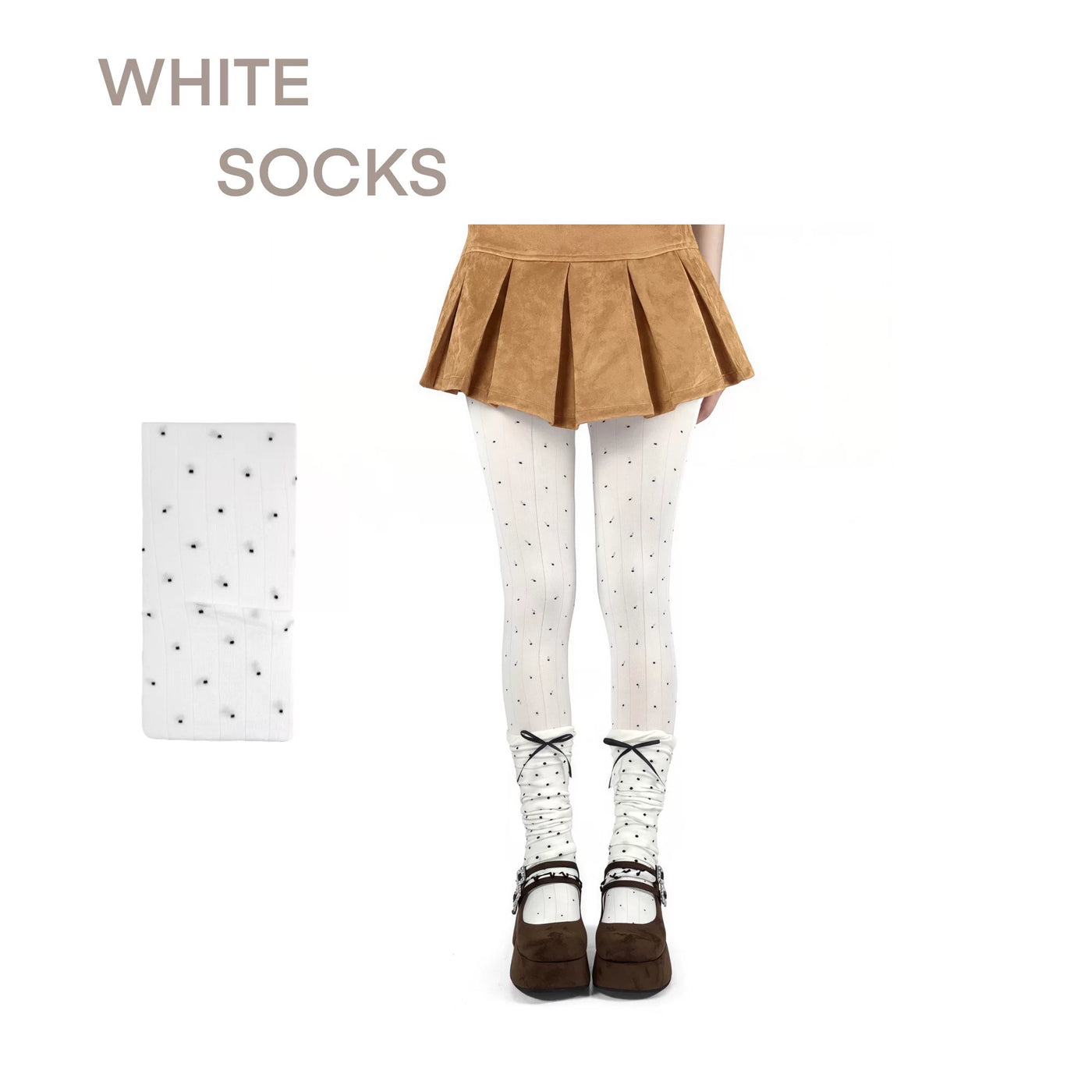 White and black tights with vertical stripe texture and scattered dot details.