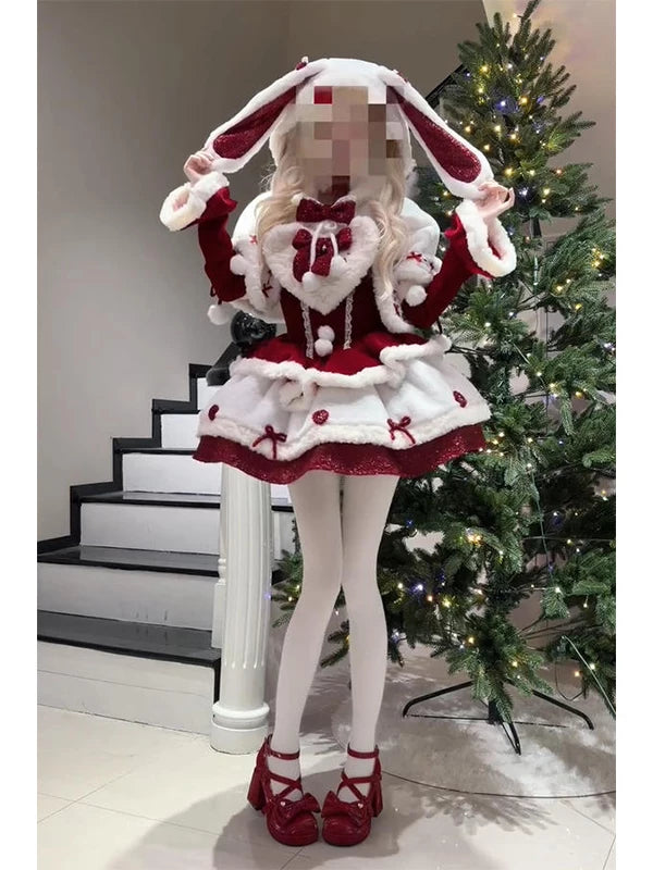 Creamy - Christmas - Red-and-White Three-Piece Dress Set with Hooded Cape
