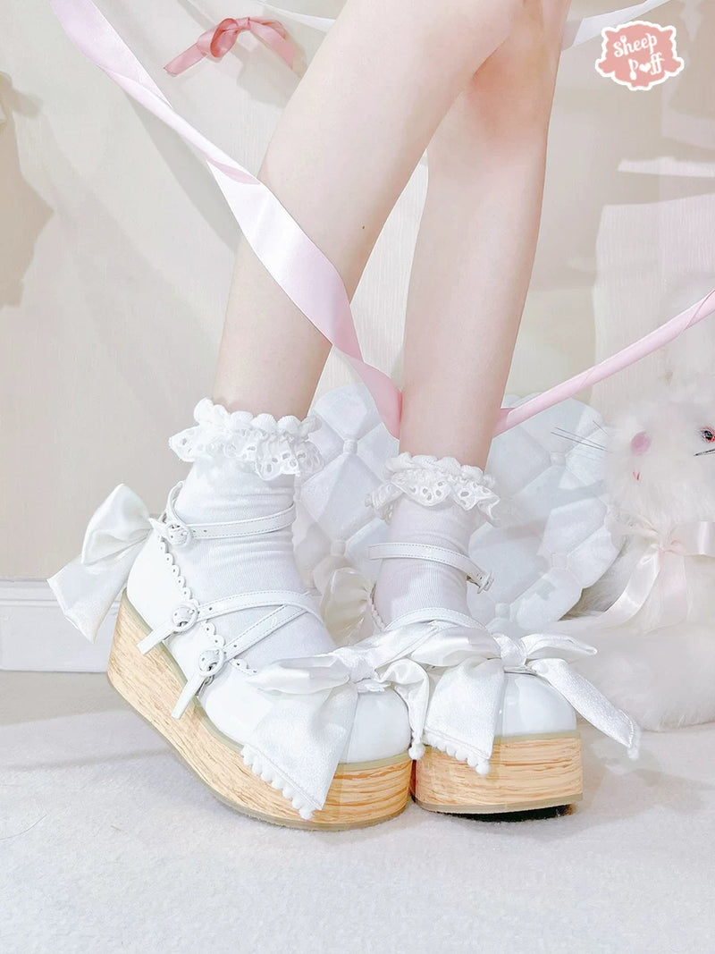 Sheep Puff Sheep Puff Puff Cream Satin Platform Lolita Shoes with rounded toe and lace-up design