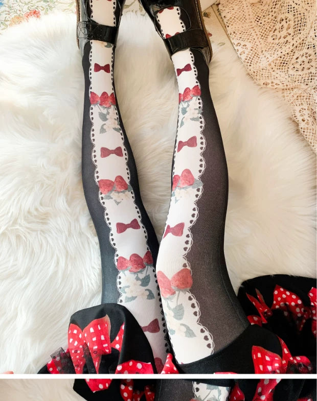 roji roji - Strawberry Ribbon - 120D Printed Tights with Strawberry and Bow Motifs