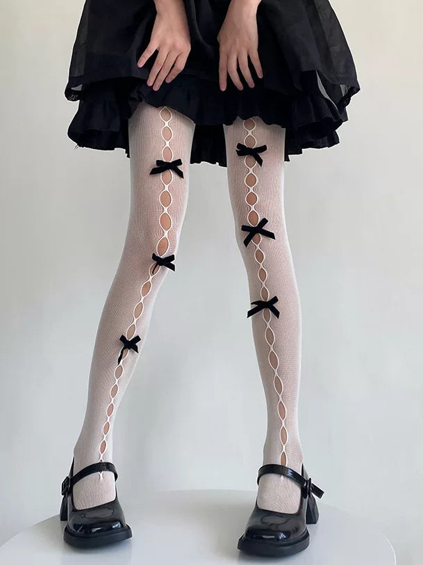 Fantasy Doll white cutout mesh tights with black bows