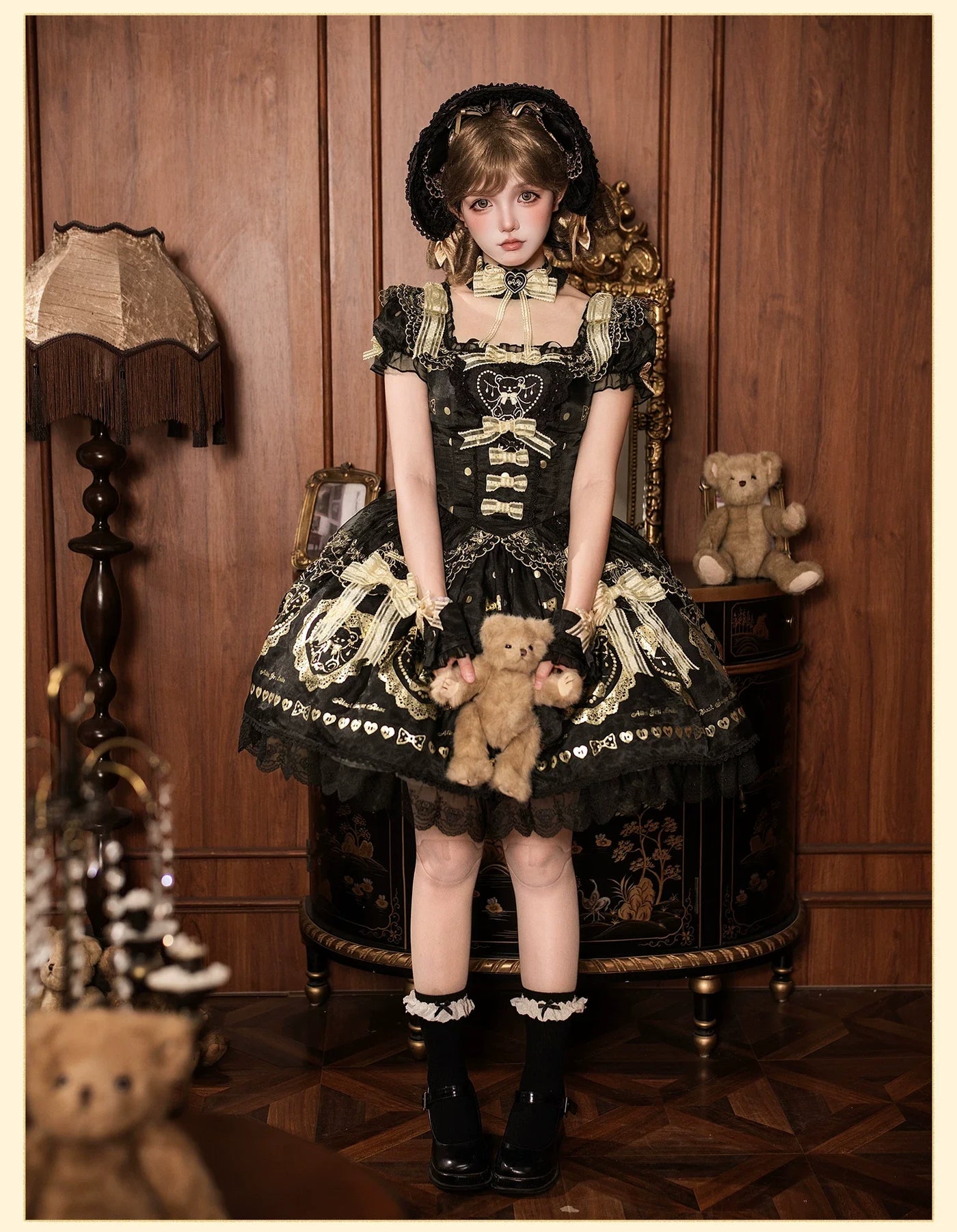 Alice Girl - Brown Sugar Bear - Old School Lolita OP & Halter Dress, Bear Print
