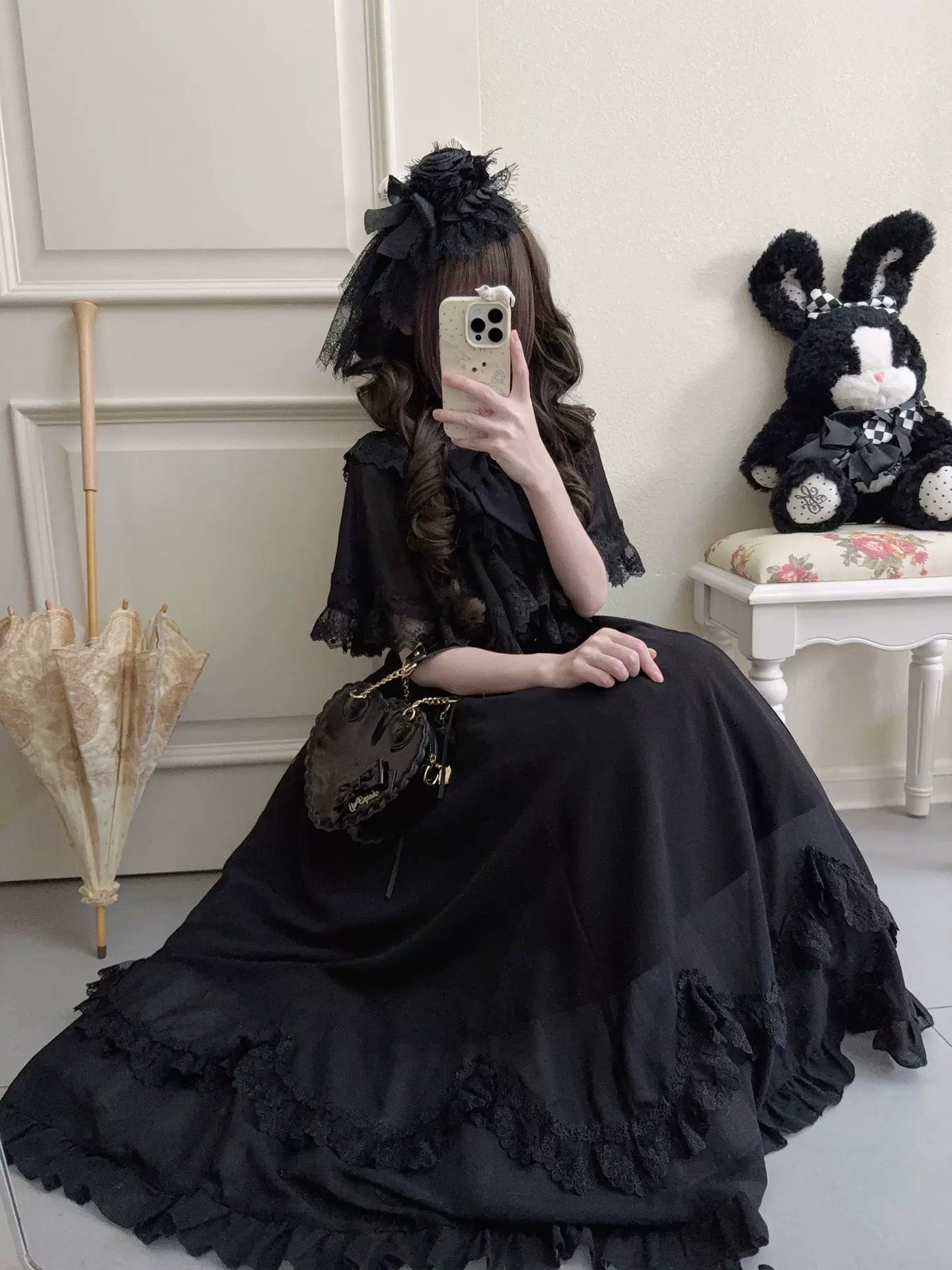 Creamy - Midnight Lace Cape - Black Lolita dress with a lace cape and layered hem