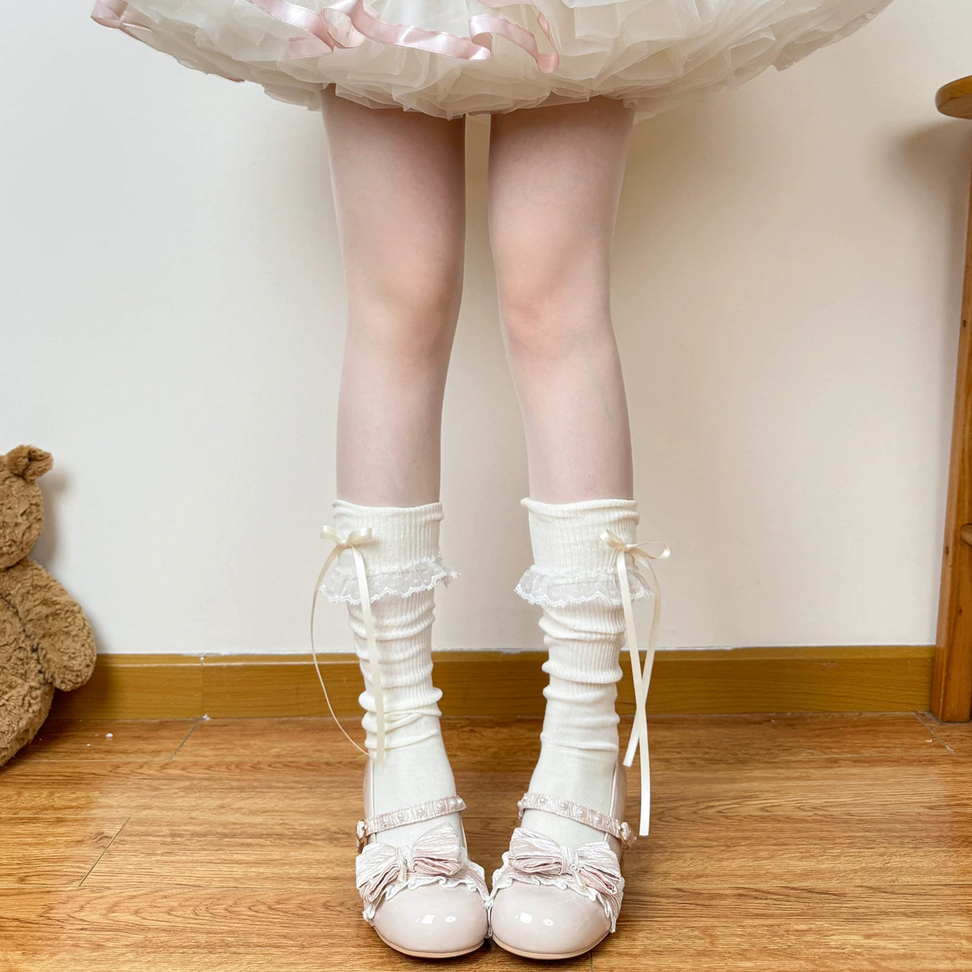 Chubby Bear Tales - Cream Ballet - Thin Scrunch Socks with Ribbon Bows