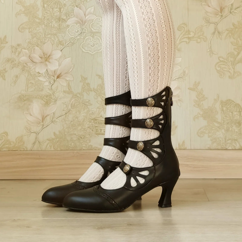 Sentaro - Floral Carved - Vintage Lolita Shoes Mary Jane Hollow-out Ankle Boots