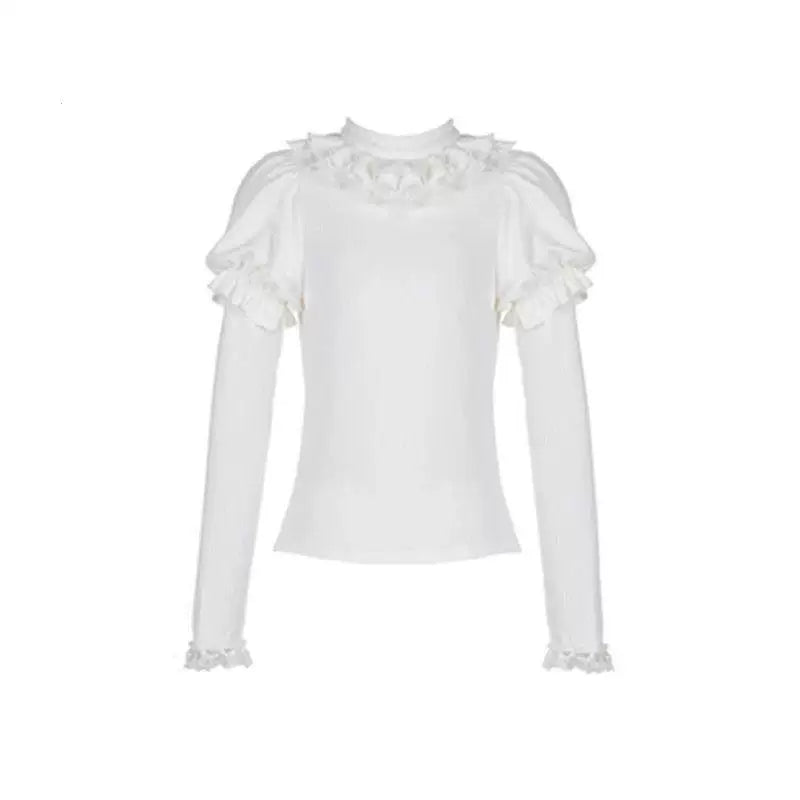 Sweetheart Dream Machine - Puff-Sleeve Lace Layer - Ribbed Knitted Inner Layer with Lace Trim