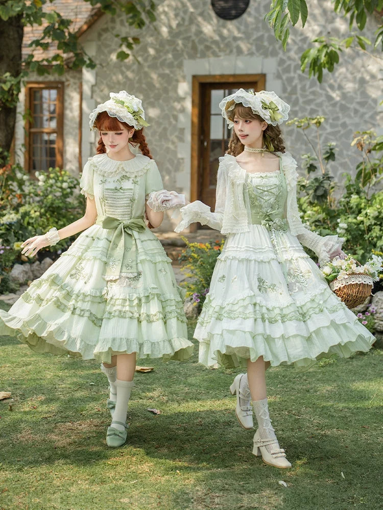With PUJI - Green Grape - Embroidered Country Lolita OP Dress, Tiered JSK