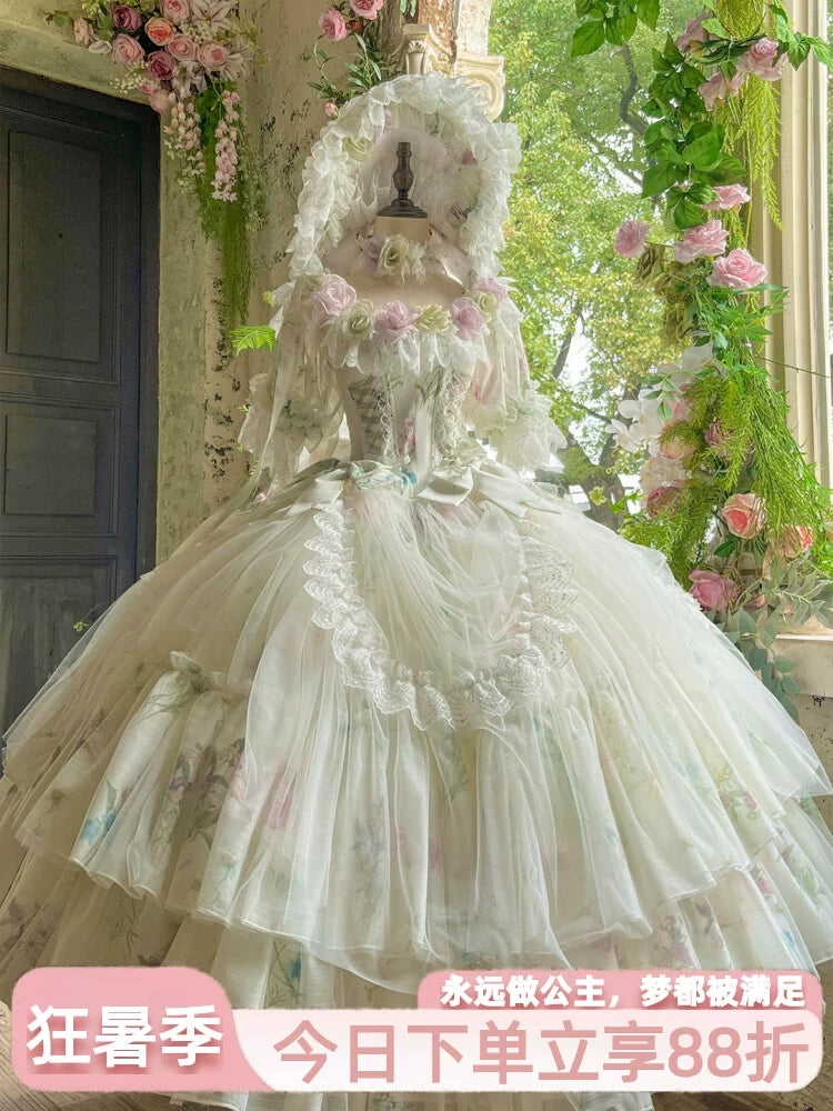 Flora Muse Spring Rose Bridal Lolita Gown in ivory with pastel floral print and tiered skirt