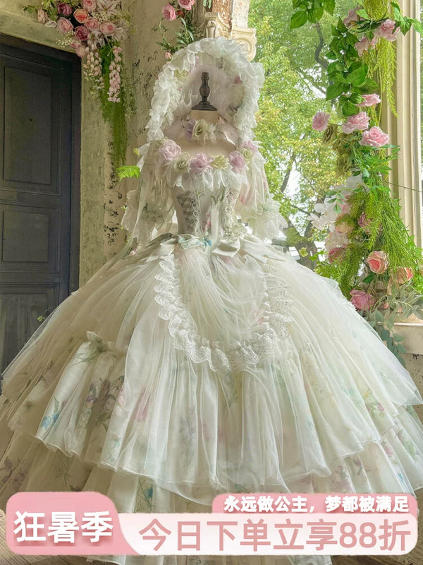 Flora Muse Spring Rose Bridal Lolita Gown in ivory with pastel floral print and tiered skirt
