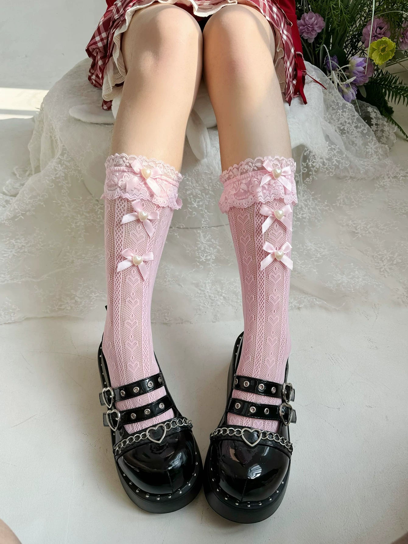Fantasy Doll - Pearl Bow - Short Socks with Layered Lace Ruffles