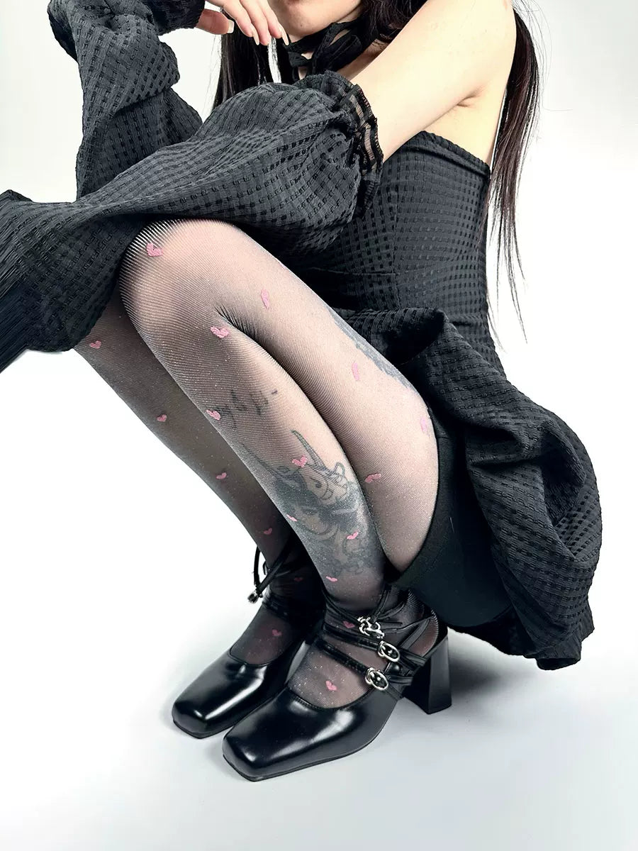 White Socks - Heart Jacquard Tights - Black tights with purple hearts and metallic thread