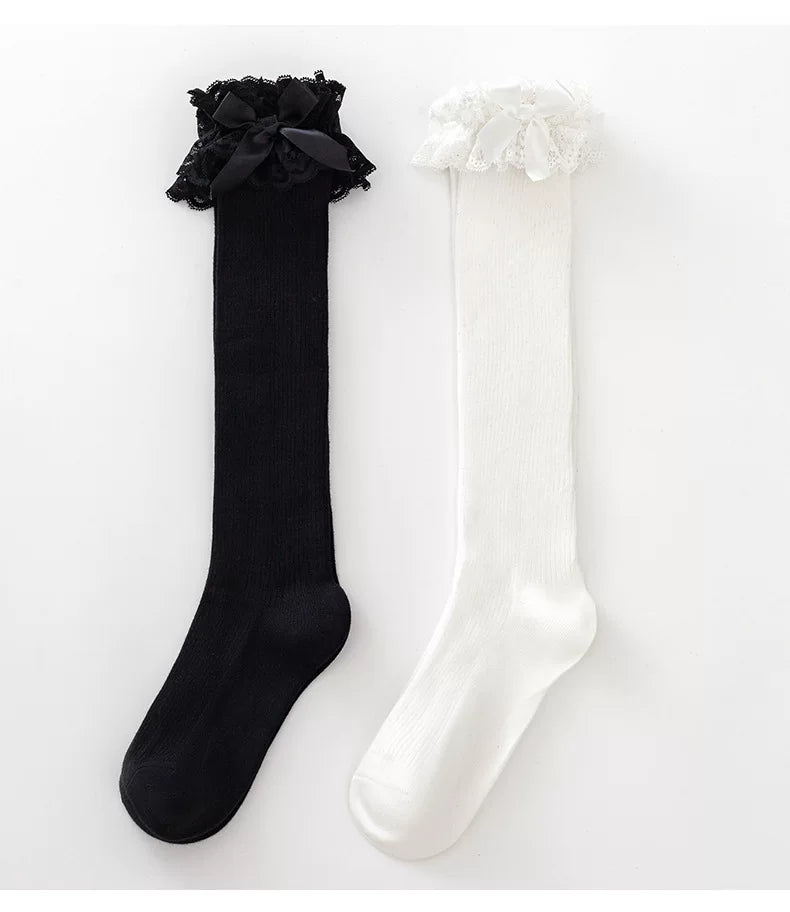 Milky Star Qiaoqiao - Lace Bow - Cotton Mid-Calf Socks with Lace Cuffs