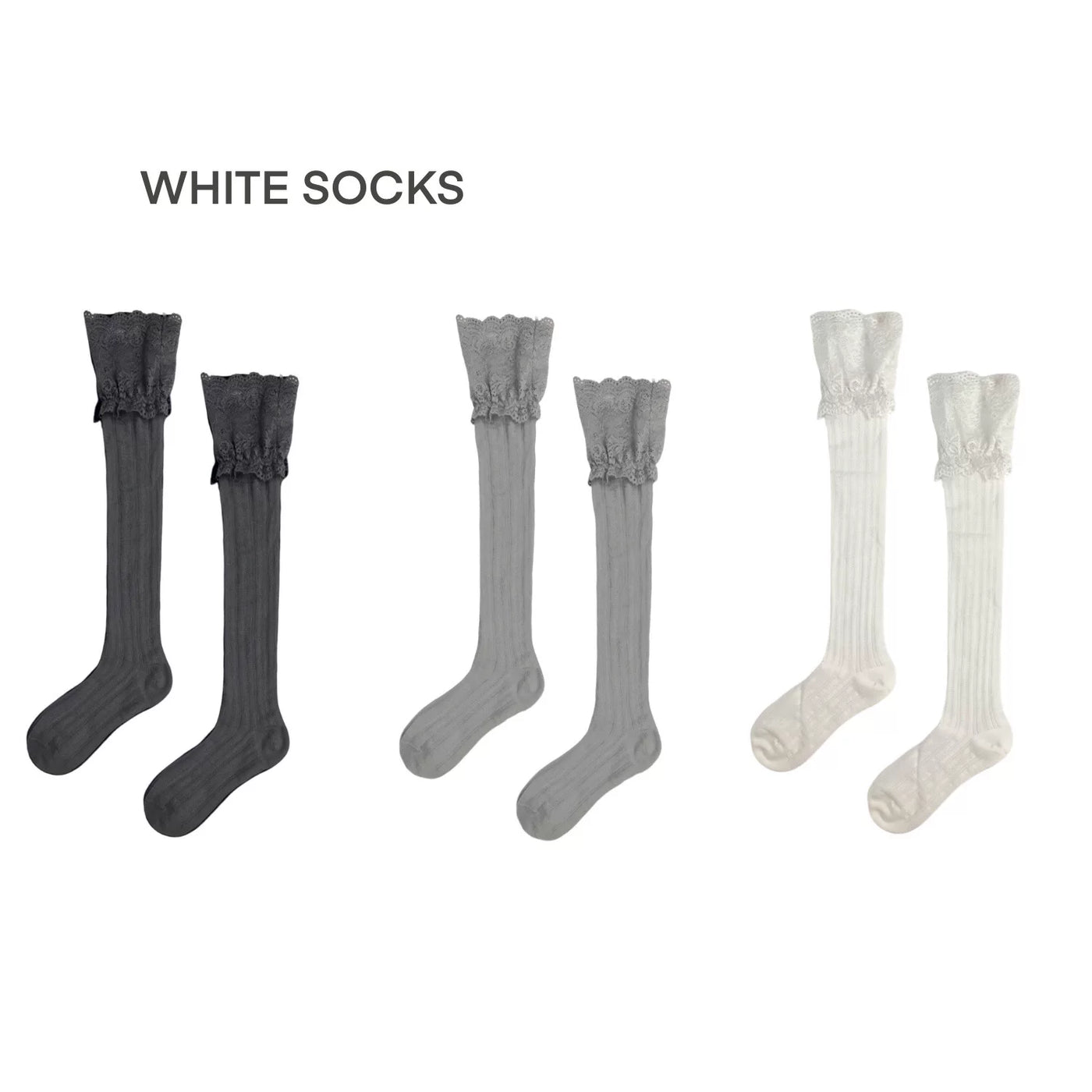 White Socks - Lace Cuff Stripe - Lace-Cuff Slouch Mid-Calf Socks with Vertical Stripes