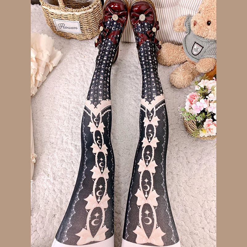 Printed navy pantyhose with moon-and-star motifs styled beneath a ruffled skirt.