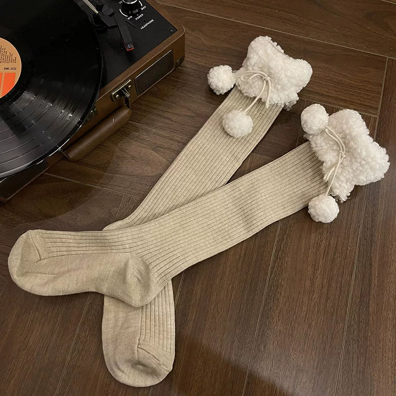 Sock Noble - Winter Pom-Pom - Mid-Calf Socks with Fluffy Cuffs and Pom-Pom Ties
