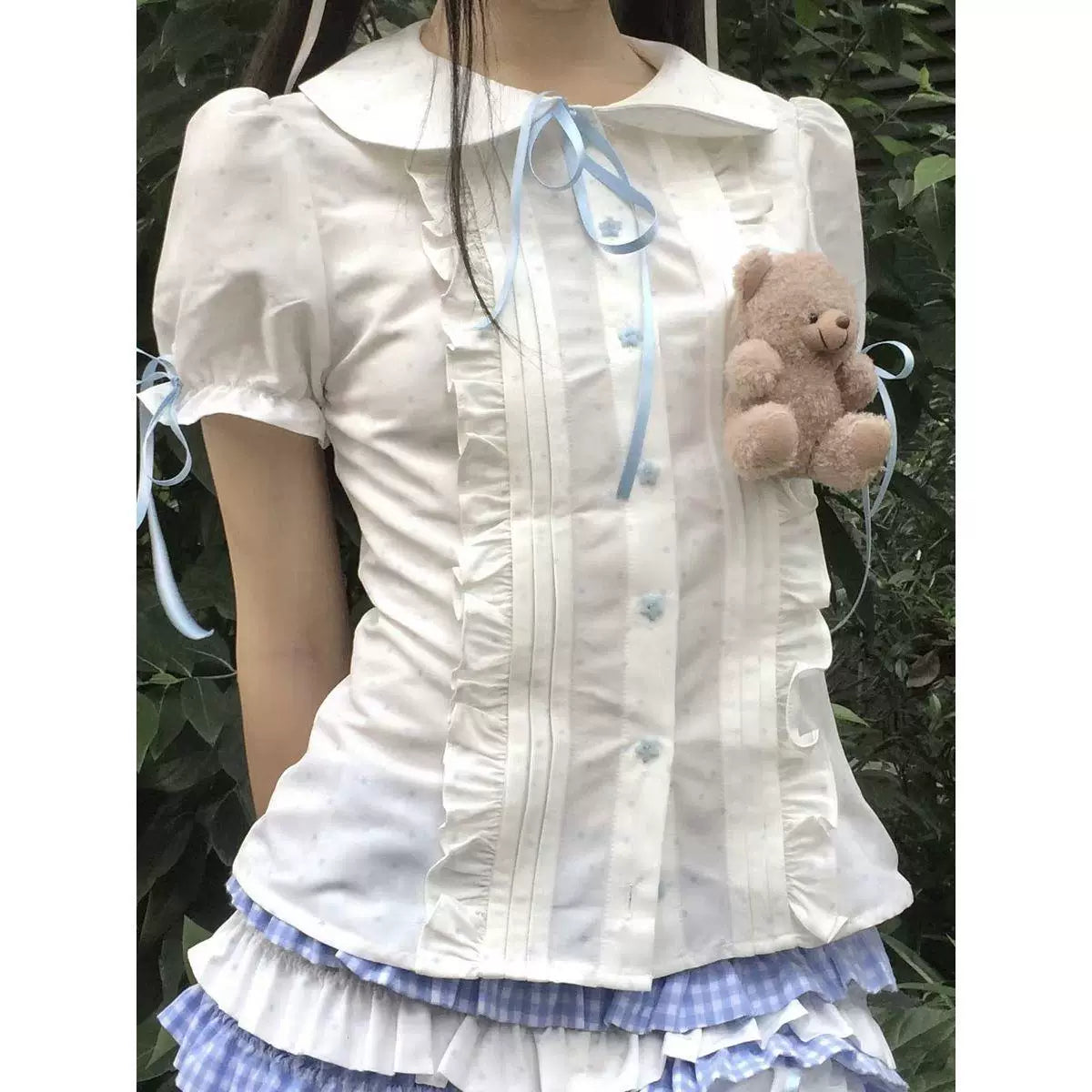 Sweetheart Dream Machine - Cake Ruffle - Fitted Printed Blouse with Peter Pan Collar
