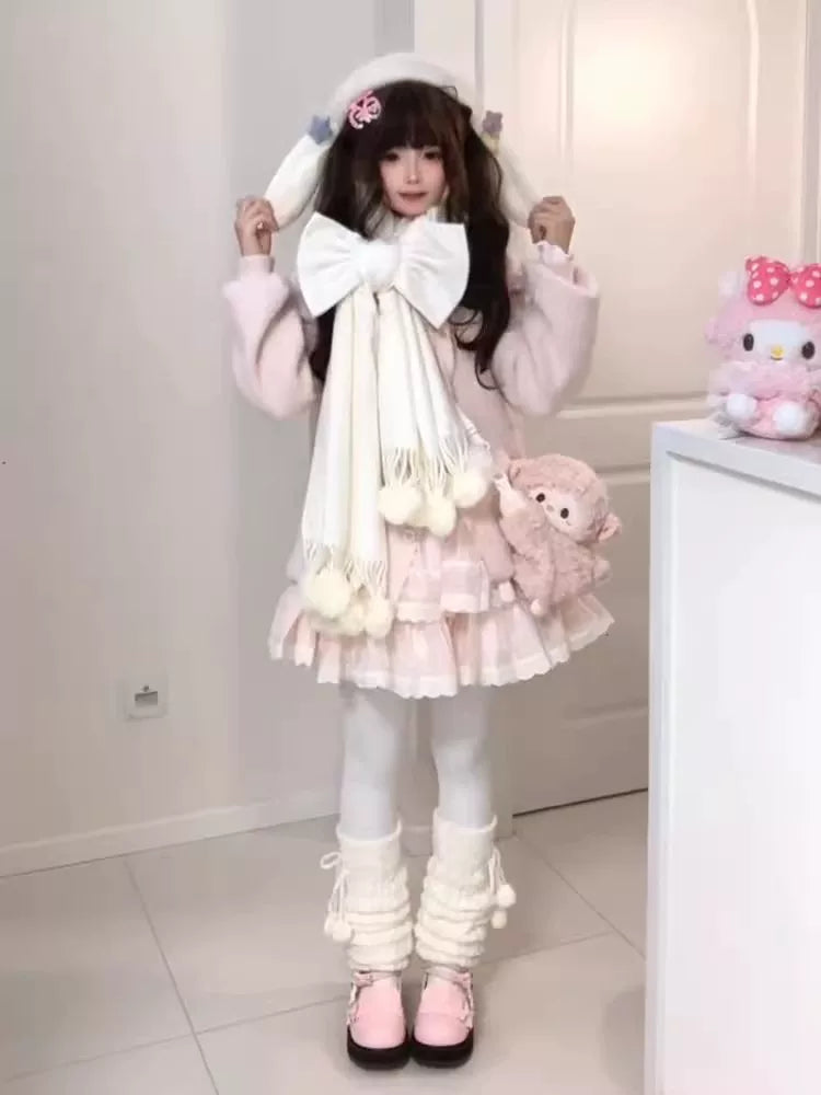 Creamy - Retro Nana - Cardigan, Skirt and Scarf Three-Piece Set with an Oversized Bow