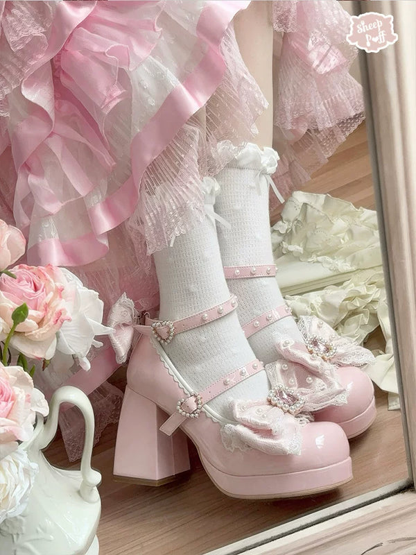 Sheep Puff Lace Romance Heels Lolita shoes featuring white lace, bow accents, and a elegant heel design.