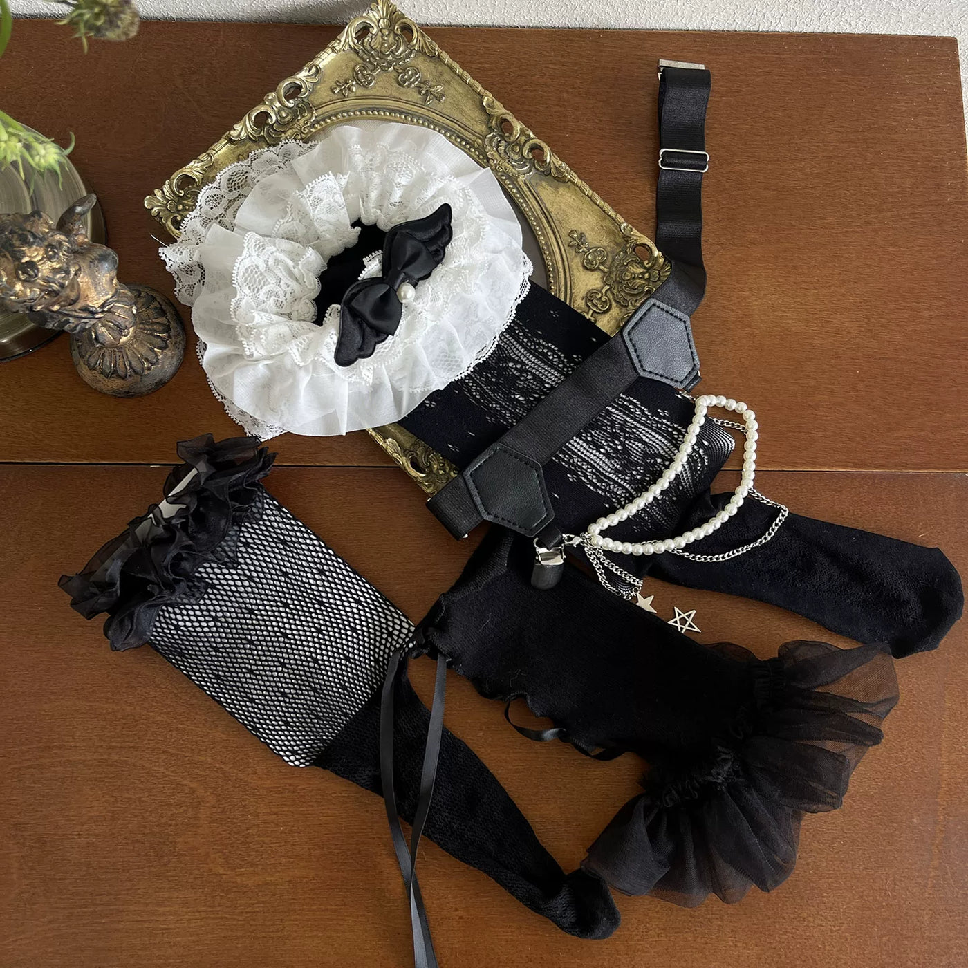 Sock Noble - Dark Gothic Layering - Lace socks with strap details