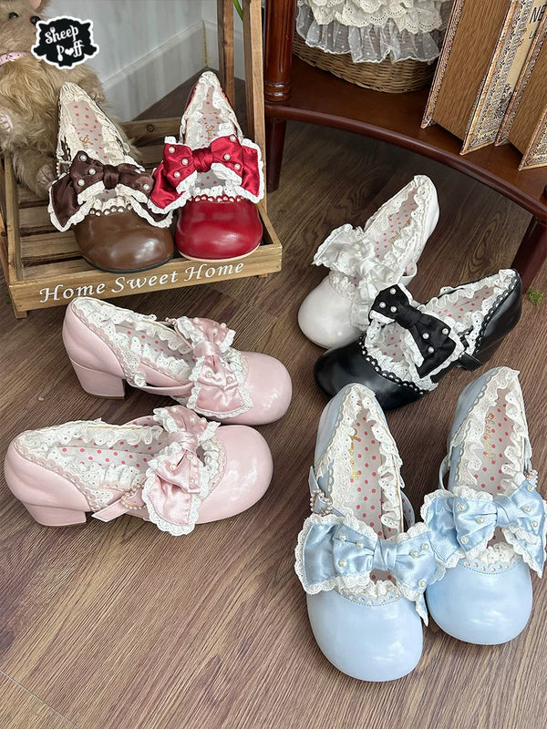 Sheep Puff Pearl Candy Mid Heel Lolita Shoes with white satin finish, pearl embellishments, and a cute, feminine design.