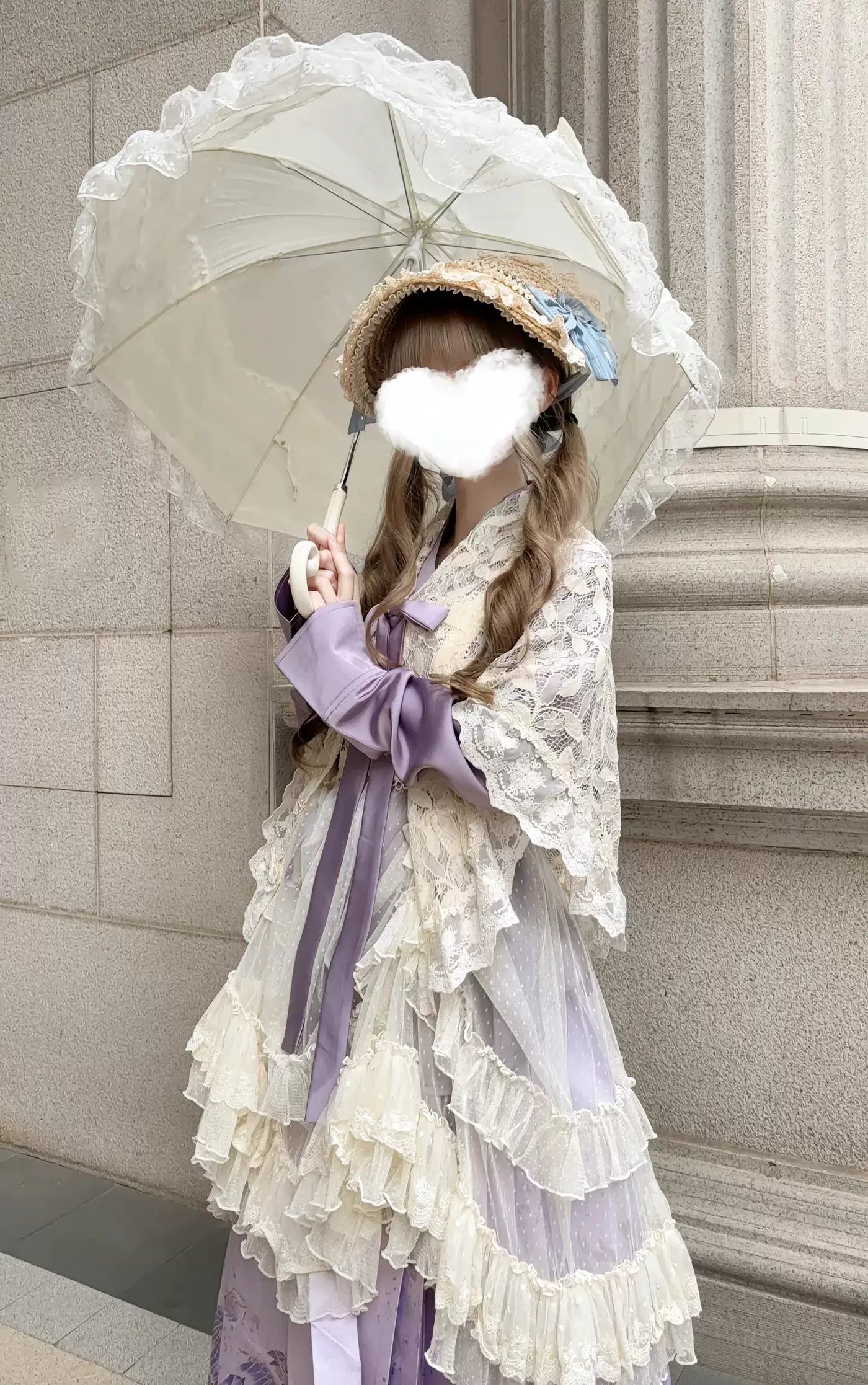 Creamy - Purple Cross-Collar - Hanfu-Inspired Lolita Set with Mamian Skirt and Beige Layers