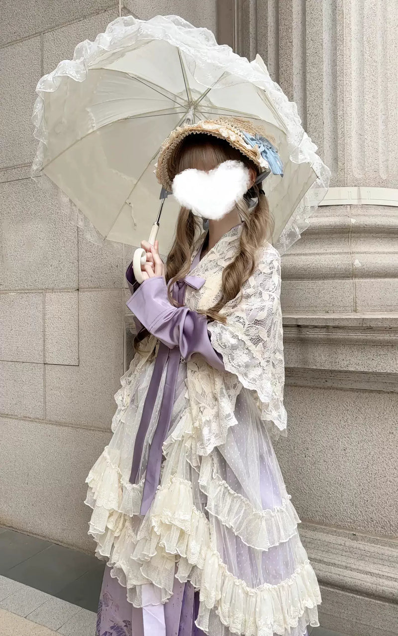 Creamy - Purple Cross-Collar - Hanfu-Inspired Lolita Set with Mamian Skirt and Beige Layers