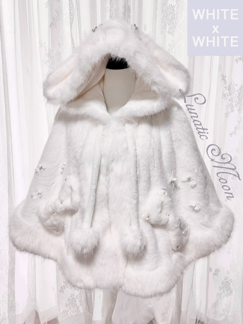 LunaticMoon Snow-Watching Bunny Faux-Fur Hooded Cape — Milky White Cape + Tail