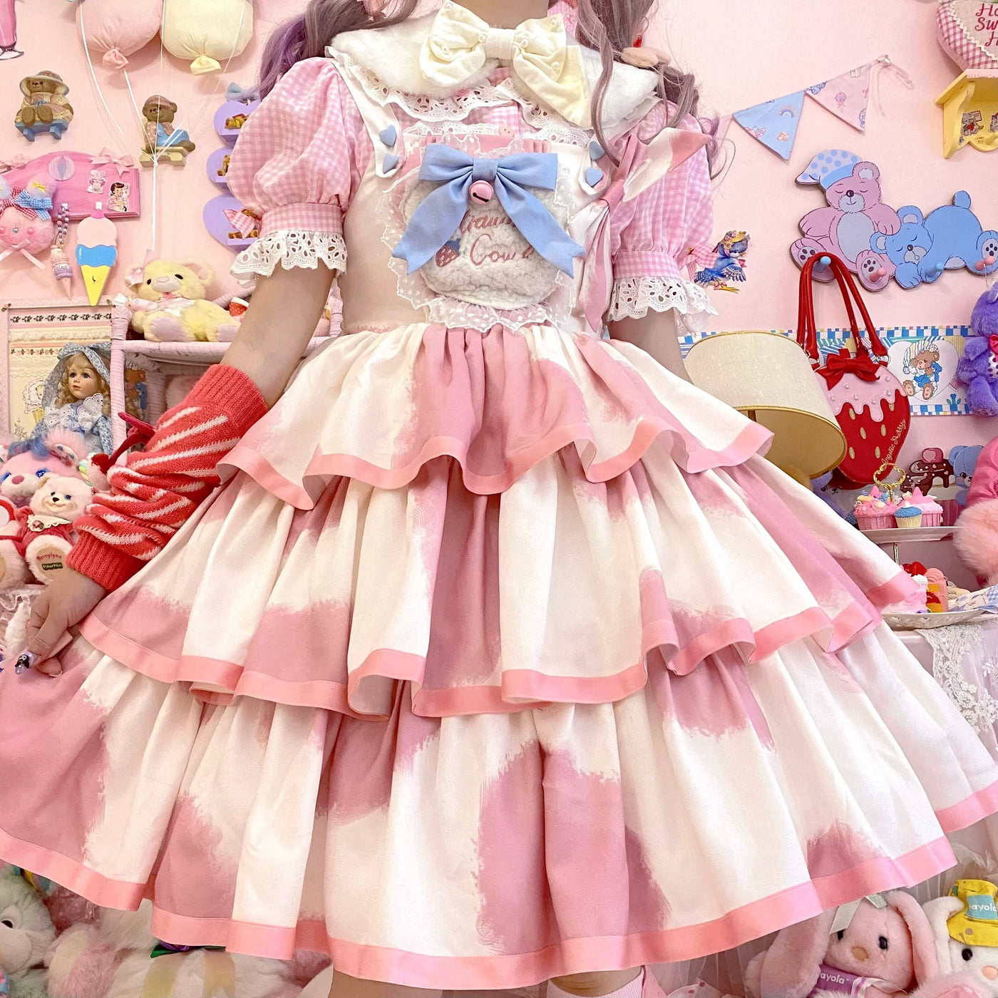 Tata Long Ear - Milk Cake Cow Print - Cow-Print JSK Dress with Three-Section Skirt