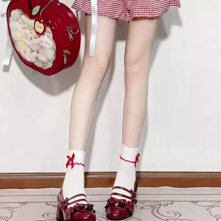 Fantasy Doll - Japanese Red Trim - Red-trimmed mid-calf socks with ruffled edging and bows