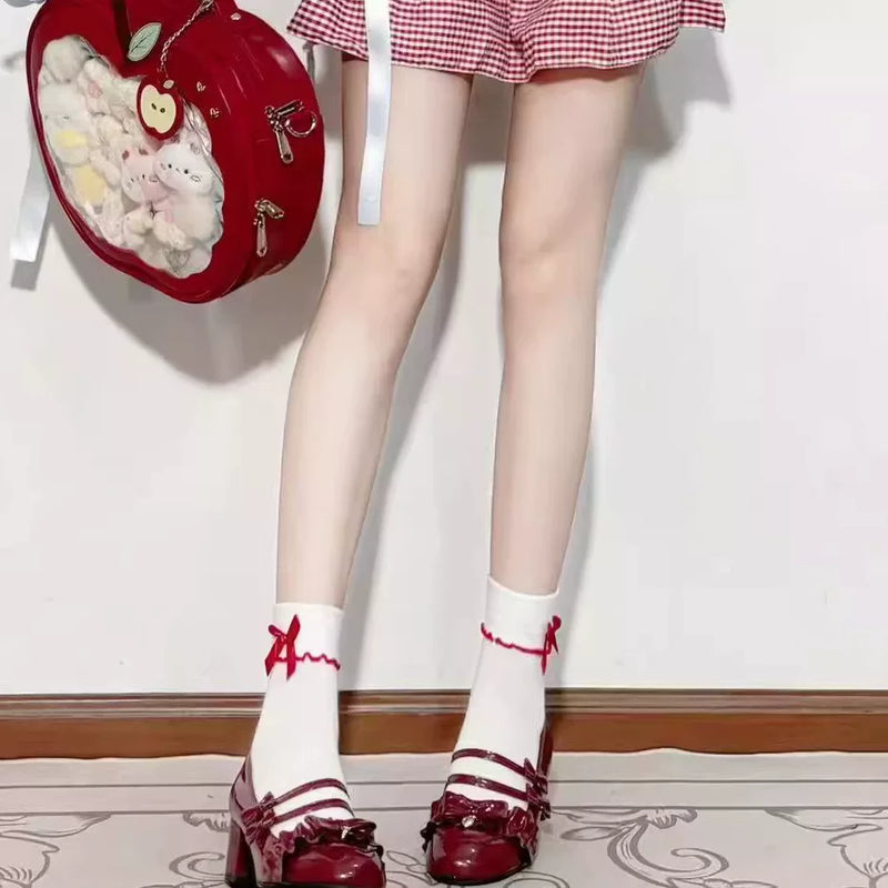 Fantasy Doll - Japanese Red Trim - Red-trimmed mid-calf socks with ruffled edging and bows