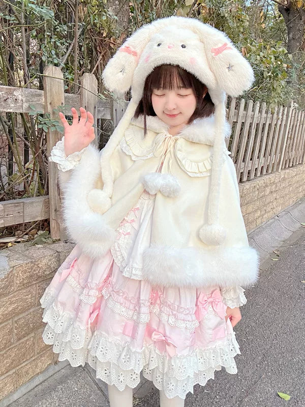 Jelly Girl - Winter Bunny - Plush Hooded Cape with Pom-Pom Ties