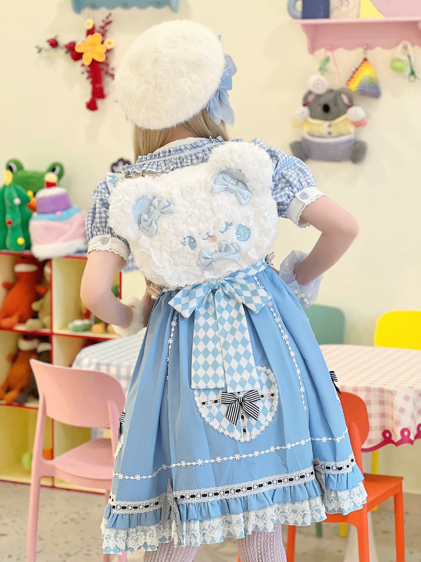 Molly Puppy - Bow Bear - Plush Bear Backpack with Pale-Blue Bows