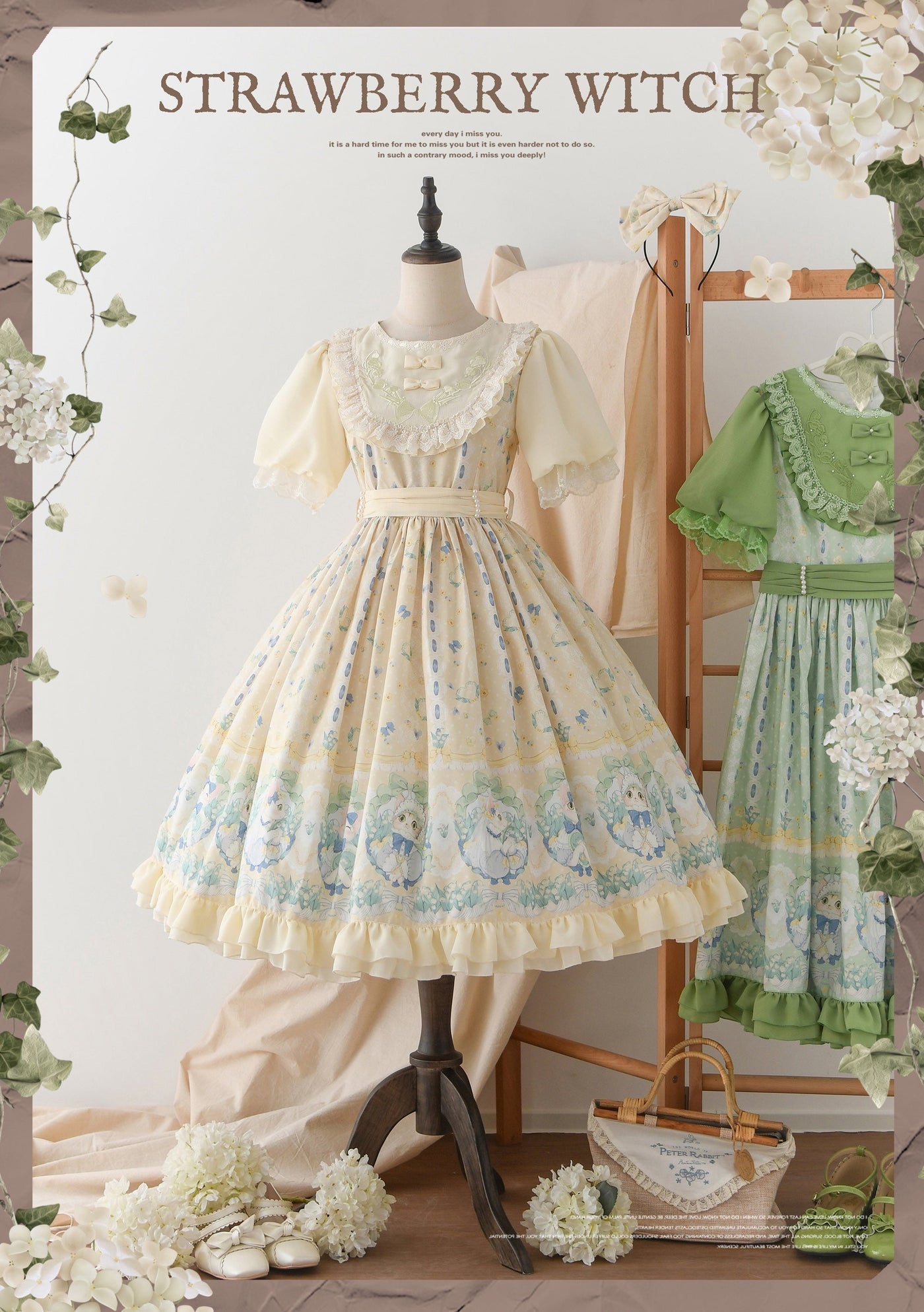Strawberry Witch - Lily of the Valley Kitten - Country Lolita OP with Embroidery and Cat Print