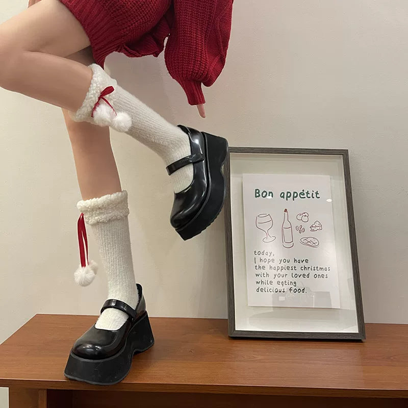 Sock Noble - Christmas Ribbon Slouch - Long Mid-Calf Socks with Fuzzy Cuffs