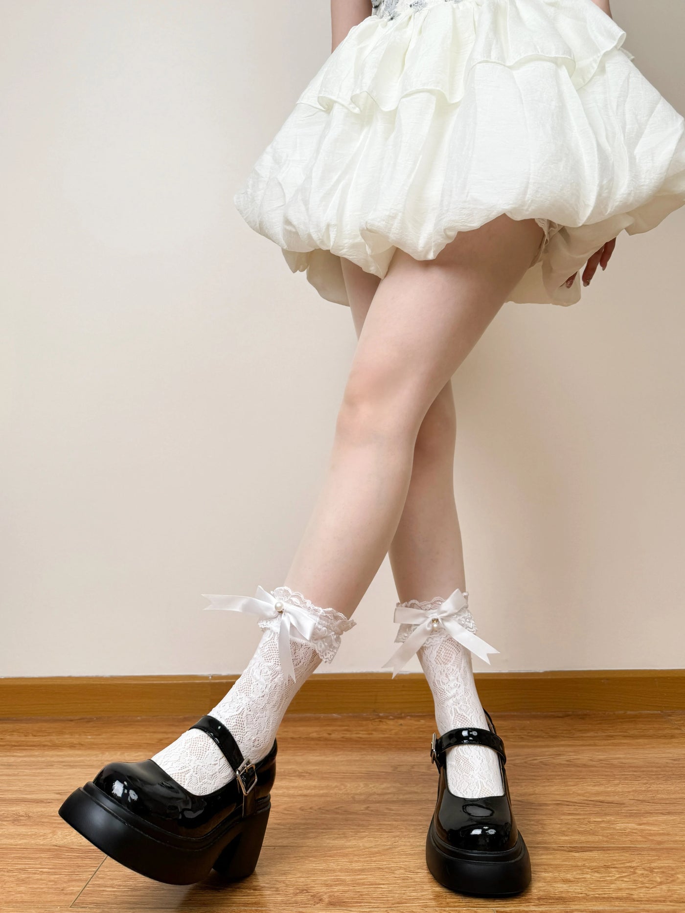 Chubby Bear Tales - Jennifer - Mid-Calf Socks with Openwork Lace and Ribbon Bows