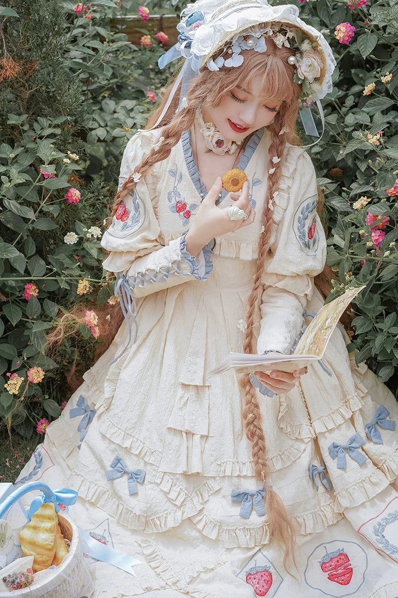 Baozi Pig - Strawberry Jam - Long-Sleeve OP with Red Strawberry Motifs and Blue-Grey Ruffles