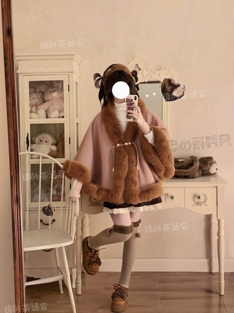 Mian Plush Cropped Lolita Shawl - Regular & Thick Versions — Khaki Brown - Extra Thick
