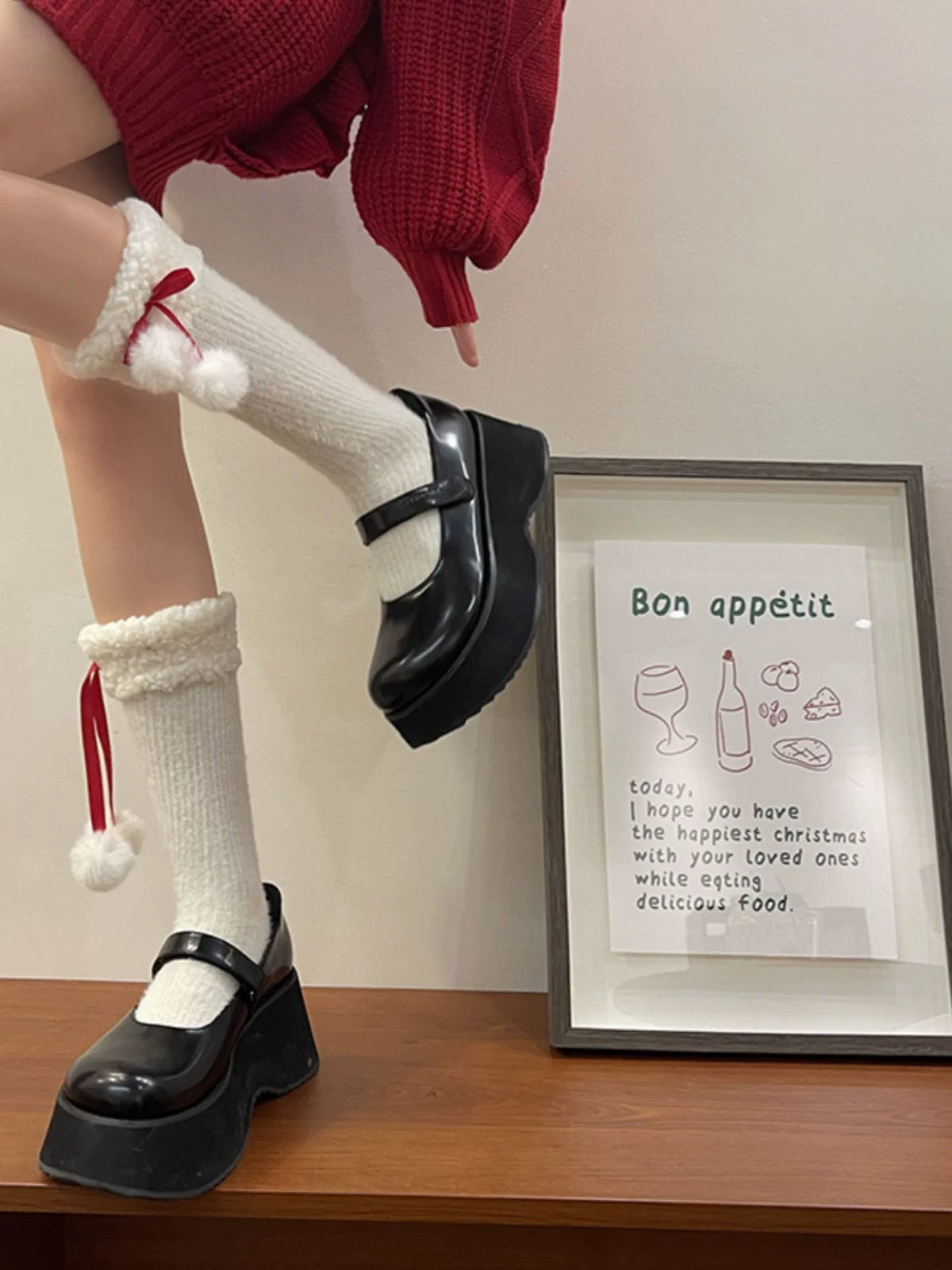 Sock Noble - Christmas Ribbon Slouch - Long Mid-Calf Socks with Fuzzy Cuffs