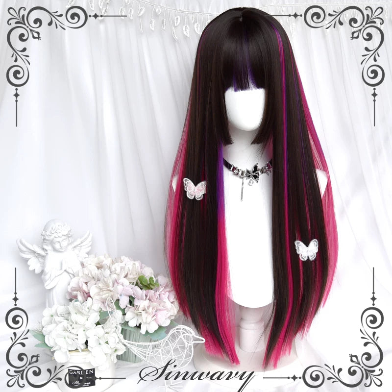 Black-brown hime wig with magenta-purple highlights - view 4