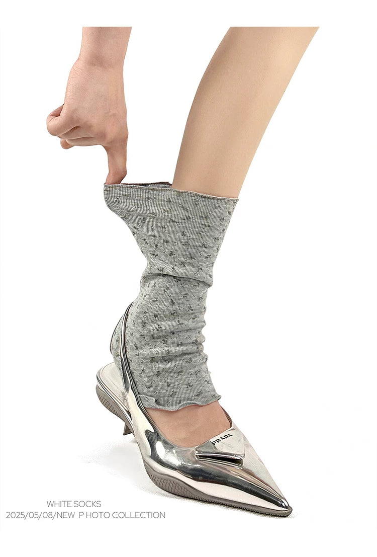 White Socks - Ballet Scrunch - Floral Mid-Calf Stirrup Socks with Rolled Edges