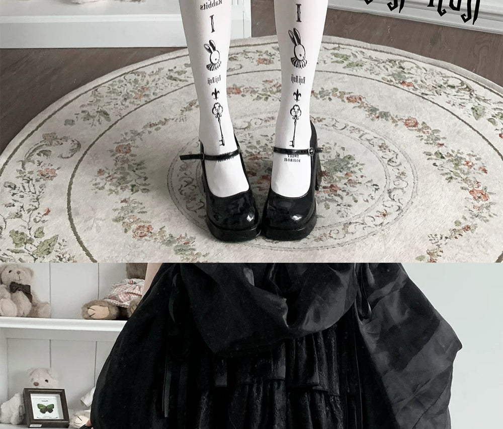 roji roji printed tights showing rabbit, key and candelabra motifs across black, natural and white colourways.