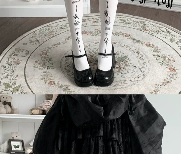 roji roji printed tights showing rabbit, key and candelabra motifs across black, natural and white colourways.