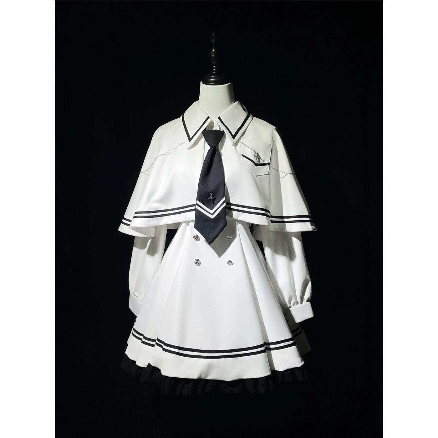 Creamy - Academy Cape Set - White OP dress and cape set with black piping