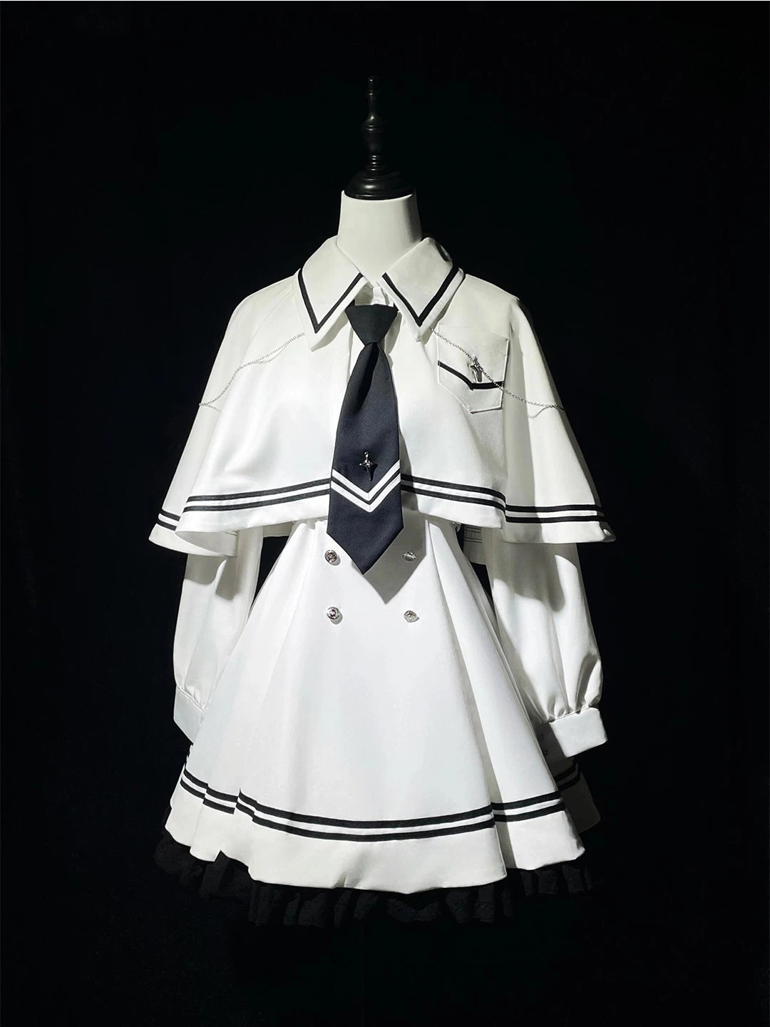 Creamy - Academy Cape Set - White OP dress and cape set with black piping