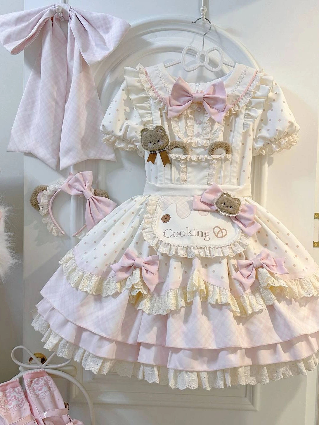 Pink Bubble Bear Little Bear Baker OP dress, sweet Lolita style with baking theme details