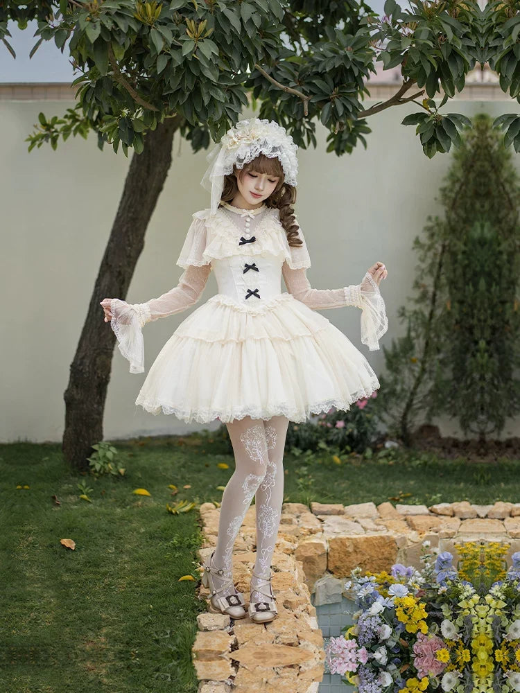 With PUJI - White Mist Promise - Classic Lolita Corset OP Set, Edwardian Collar & Tiered Hem