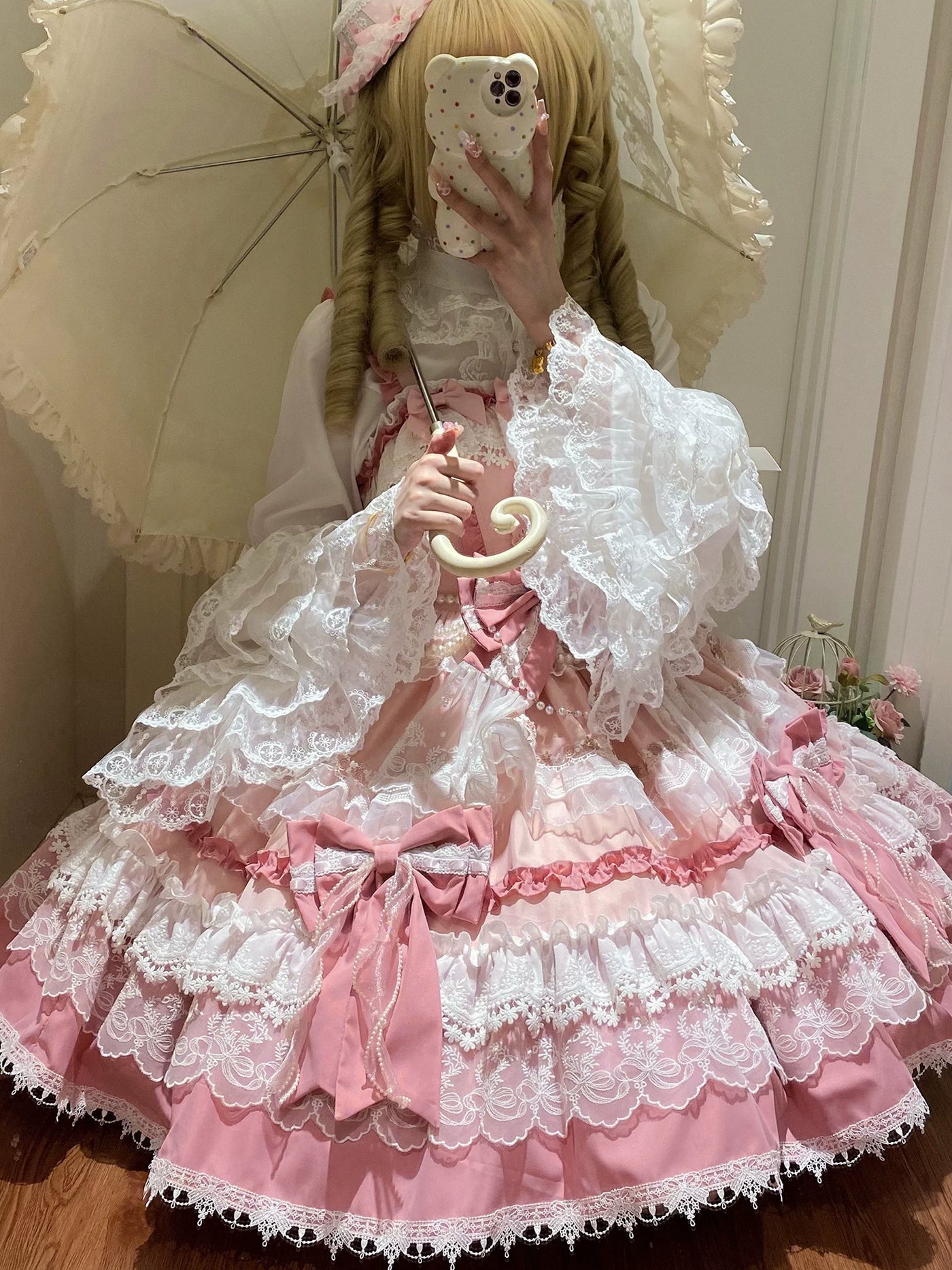 Pink Sweet Lolita JSK with tiered bell skirt and lace trim